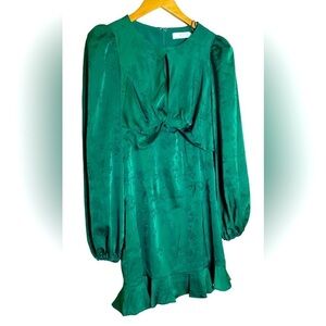 ASTR THE LABEL Satin Front Twist Cut Out Long Sleeve Puff Mini Dress, Dark Green
